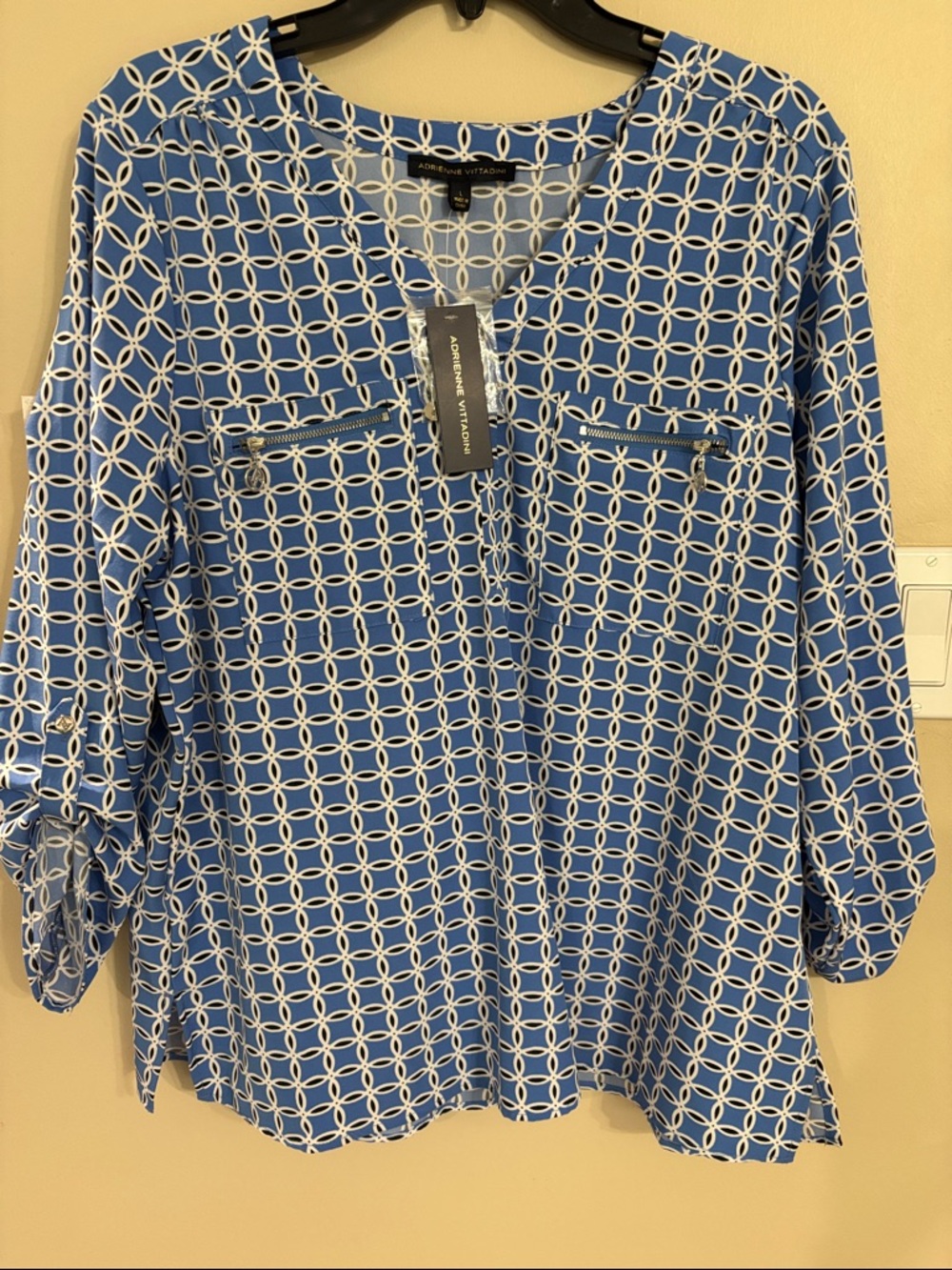 Adrienne Vittadini Blue and White Geometric Long Sleeve Top NWT